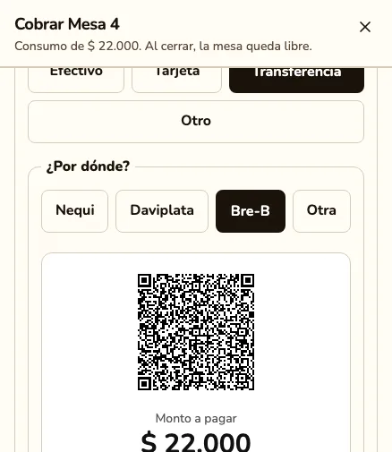El cobro de la Mesa 4: la pregunta de la propina y con qué pagó el cliente.