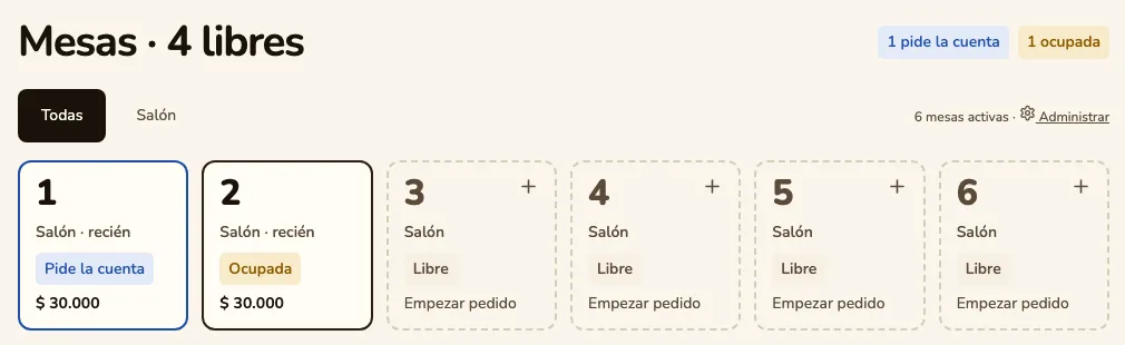 El mapa de mesas: la 1 pide la cuenta, la 2 está ocupada y de la 3 a la 6 están libres.