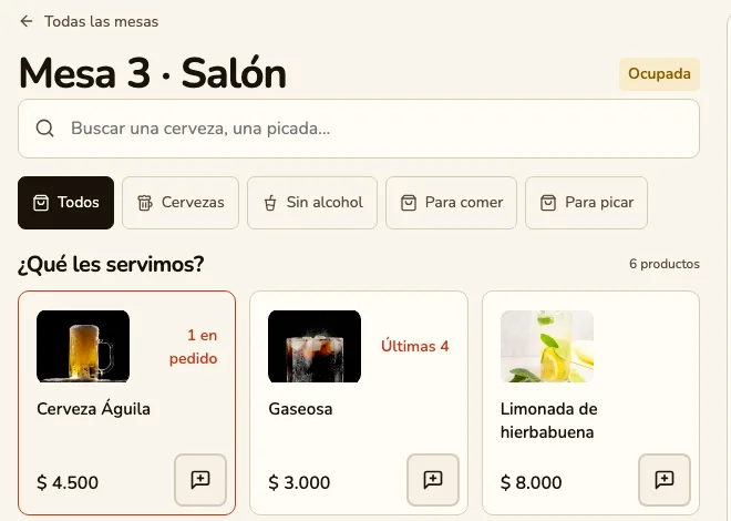 El pedido de la Mesa 3: la carta con fotos y precios, y la cuenta con lo que se lleva.