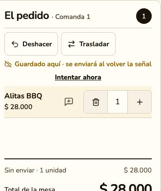 La cuenta de la Mesa 5 en upares, con el aviso «Guardado aquí · se enviará al volver la señal» y el botón «Intentar ahora».